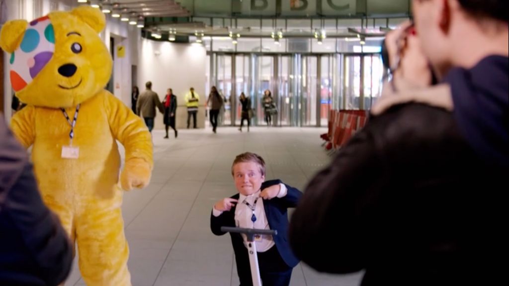 Pudsey Bear and actor Lenny Rush outside the BBC headquarters.