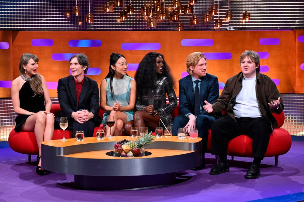 The cast of Taylor Swift's Opalite video on Graham Norton's sofa