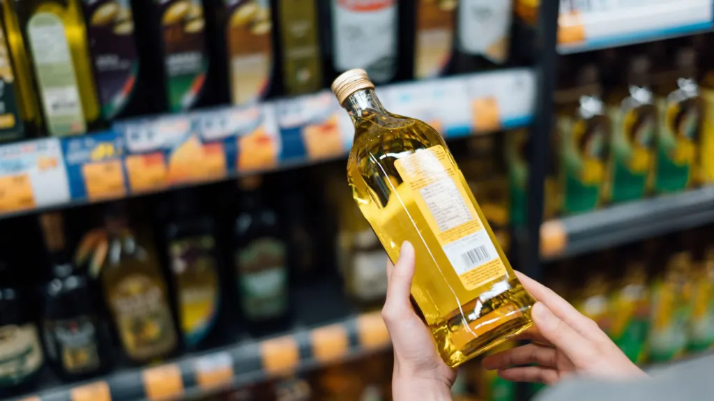 Someone inspects a bottle of olive oil in front of supermarket shelves containing multiple brands of olive oil.