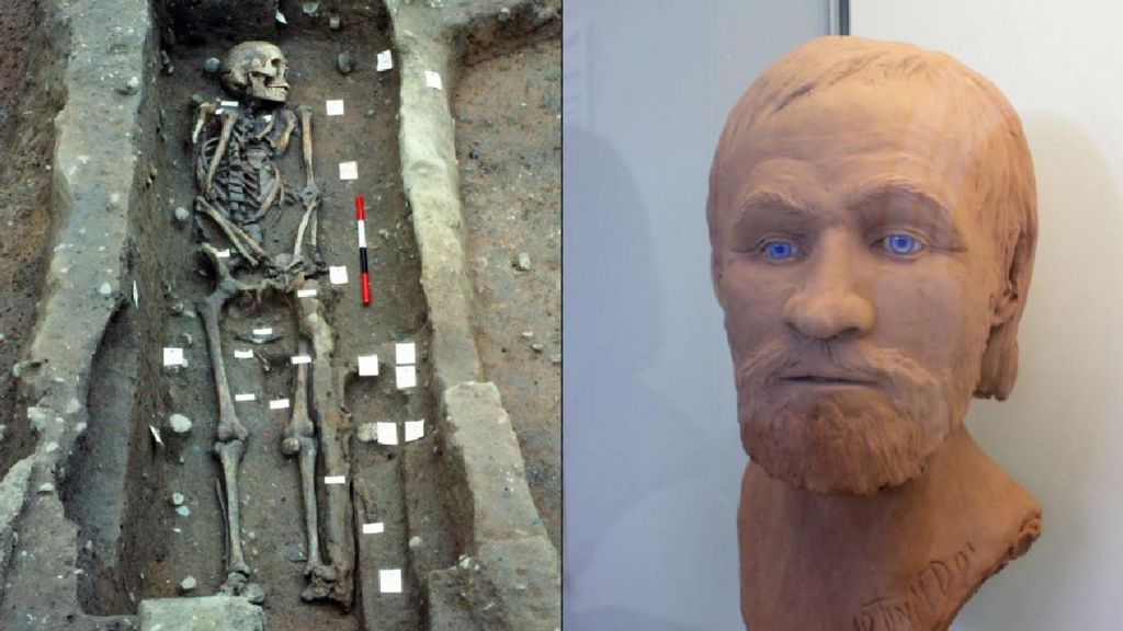 Skeleton of a buried warror alongside a reconstruction of his appearance