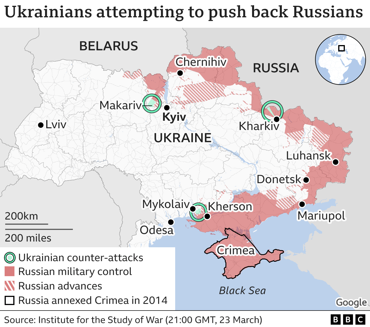 Map showing Russian advances and Ukrainian counter attacks