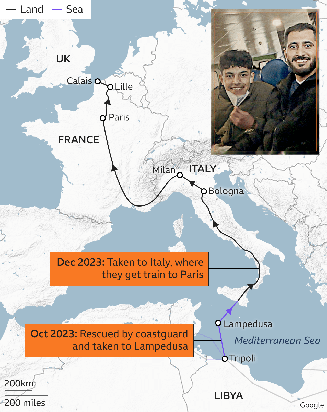 Map showing brothers' route from Libya to France