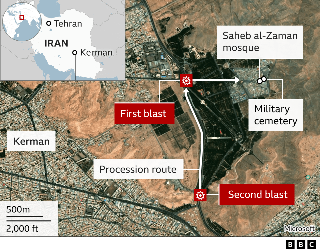 Map showing location of twin bombings in Kerman, Iran (3 January 2024)