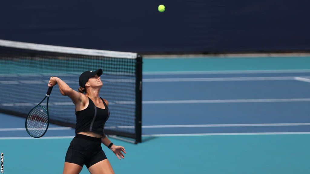 Aryna Sabalenka hits a smash in practice at the Miami Open