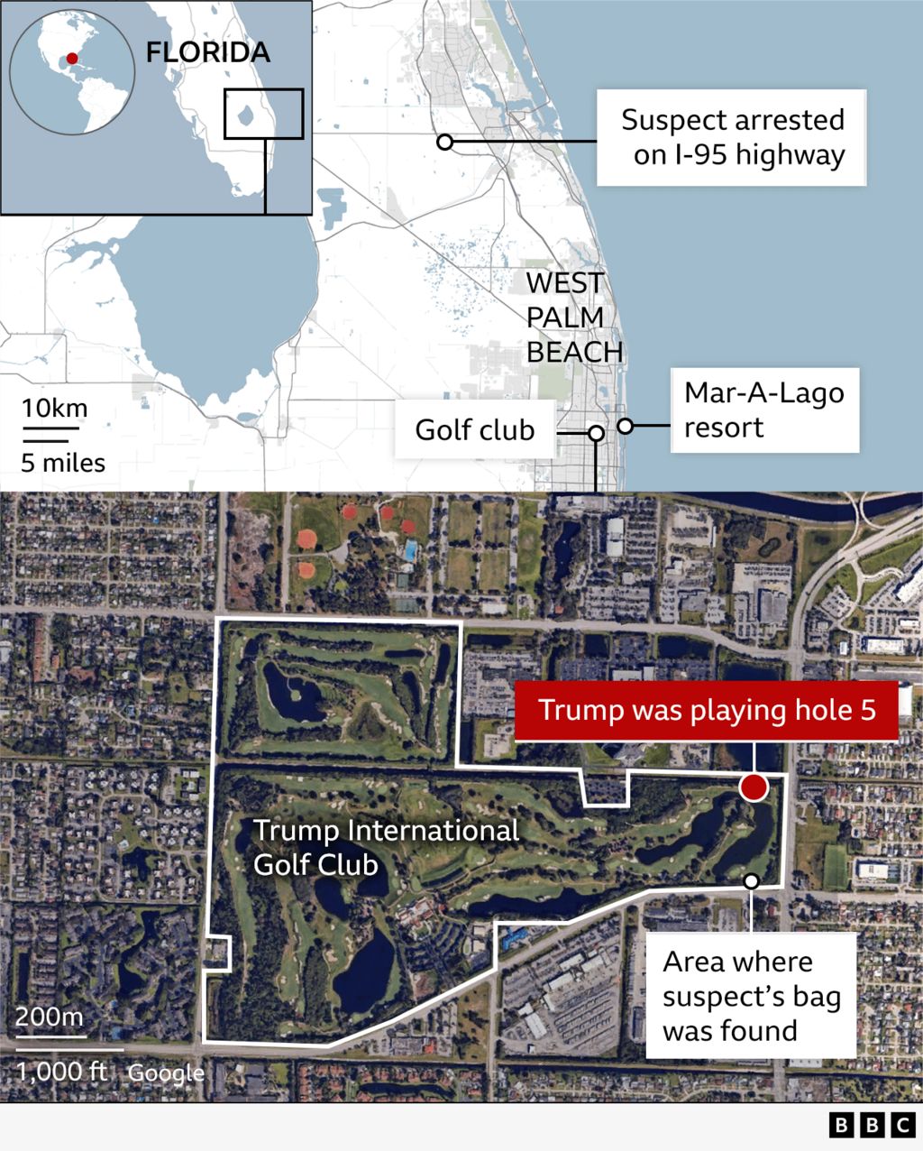 A BBC graphic showing where Routh was arrested in relation to the course