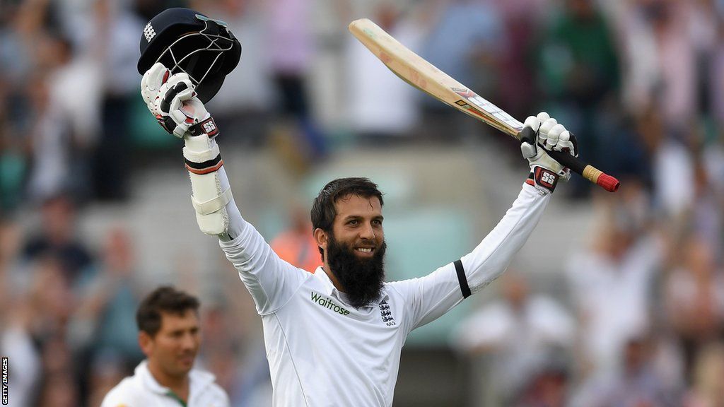 England's Moeen Ali raises his bat and helmet in celebration after hitting a century against Pakistan in 2016