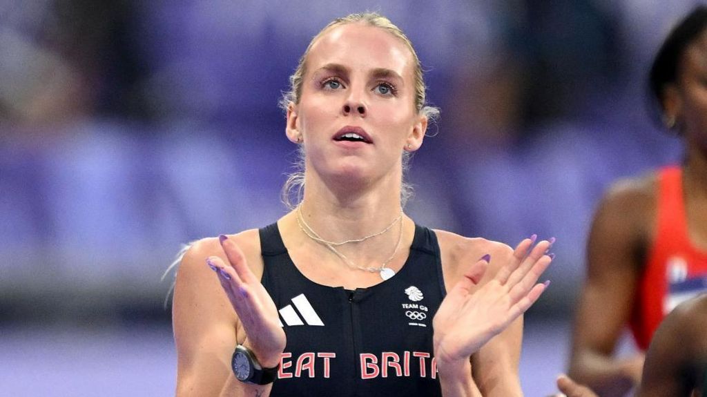 Keely Hodgkinson reacts after qualifying for the Olympic women's 800m final