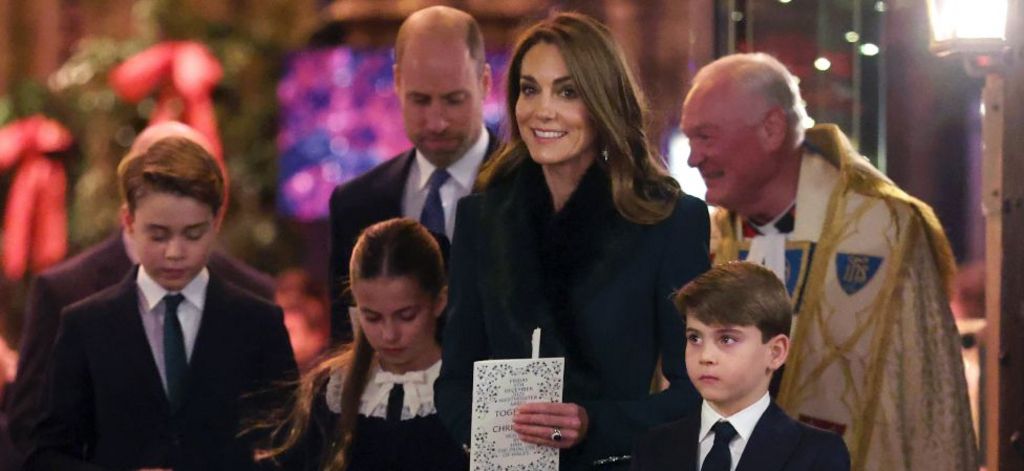Prince George of Wales, Princess Charlotte of Wales, Prince William, Prince of Wales, Catherine, Princess of Wales and Prince Louis of Wales depart from the 'Together At Christmas' Carol Service at Westminster Abbey on December 05, 2025 in London, England