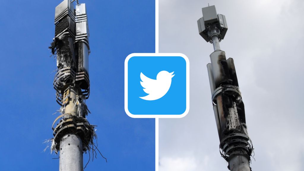 Two mobile phone masts that have been damaged by fire