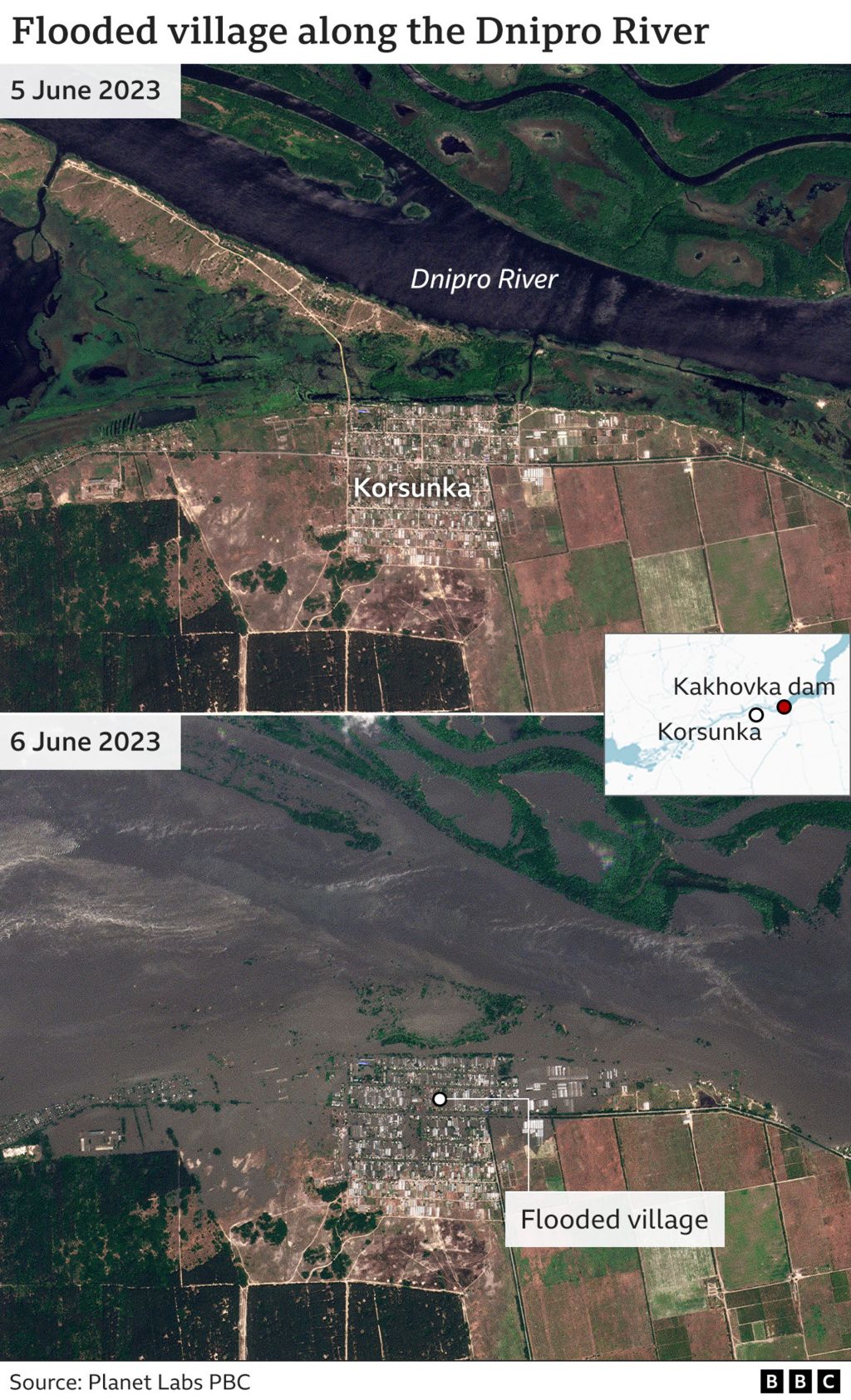 Satellite images showing flooding in Korsunka