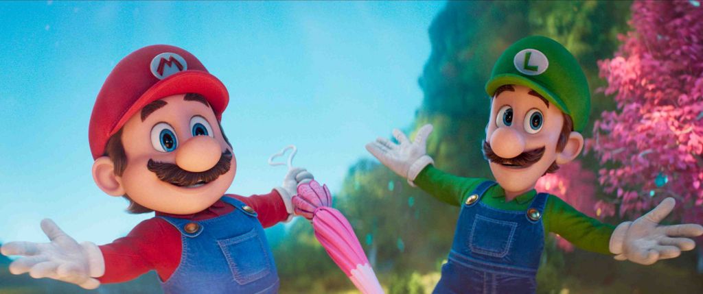 Mario is wearing a red cap with a red M and red long sleeved top and blue overalls, he has a mustache and blue eyes. Luigi is wearing the same but in green, with an L on his cap