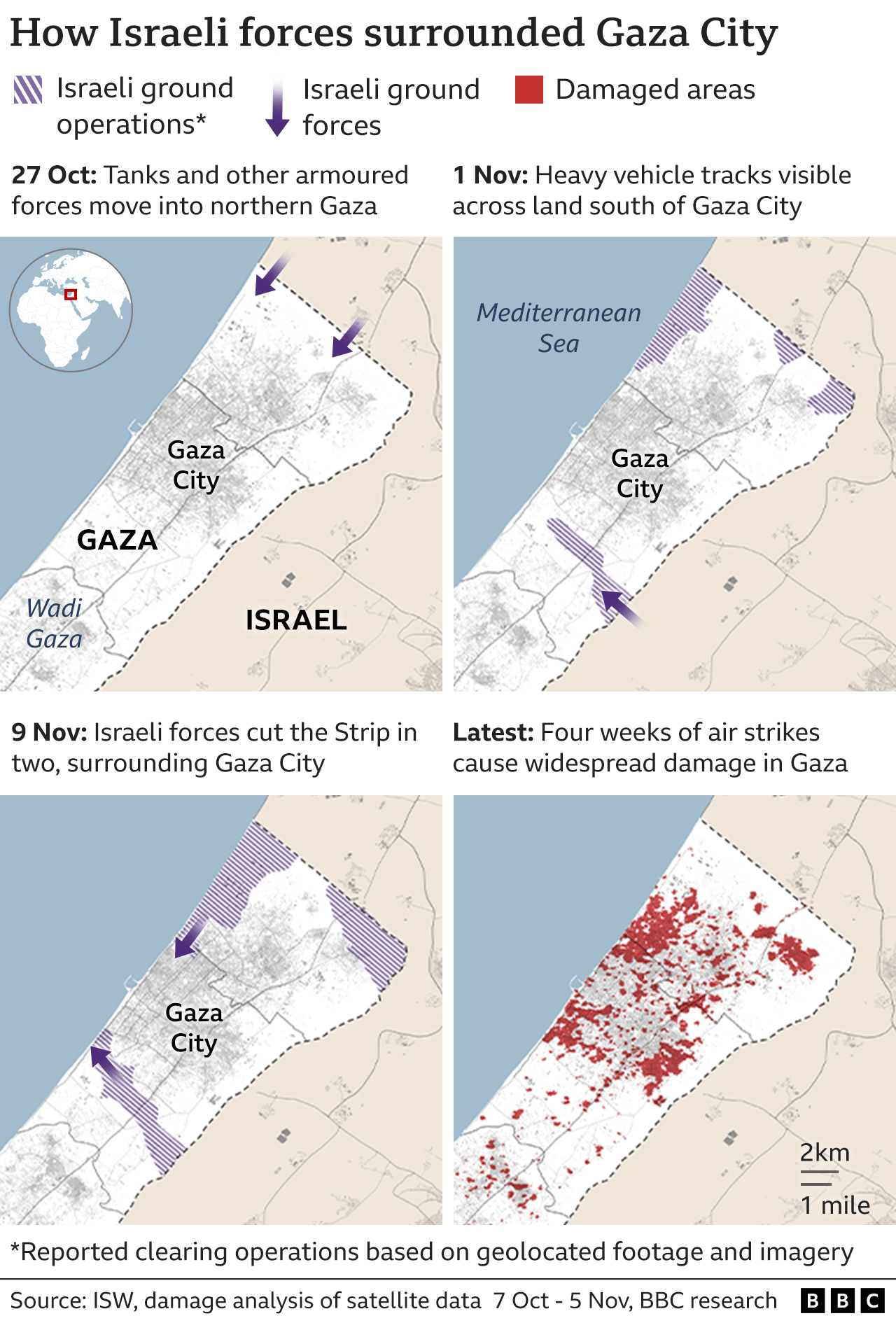 Maps of Gaza City and a timeline of how Israeli forces surrounded the city over four weeks