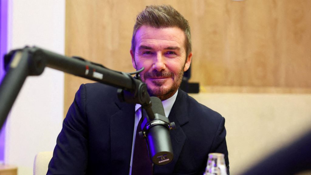 David Beckham poses for a photo ahead of a podcast during the 56th annual World Economic Forum (WEF) meeting in Davos, Switzerland, January 20, 2026.