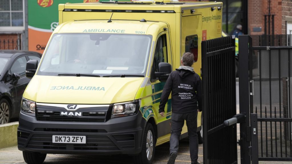 Four replacement ambulances, which are on loan from the London Ambulance Service (LAS), arrive at the the Jewish Community Ambulance service in Golders Green, London
