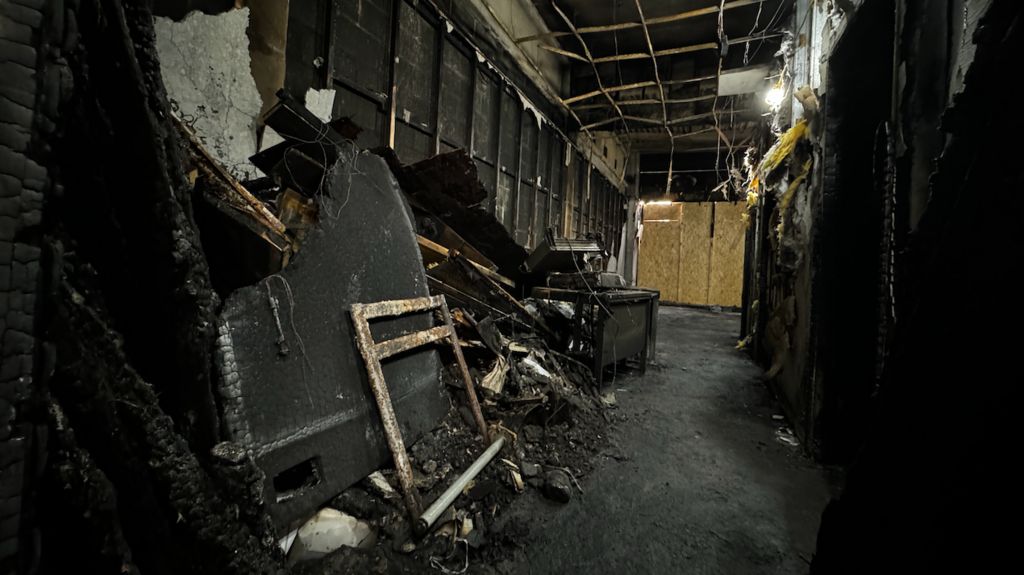 A burnt out building which was damaged in the riots 