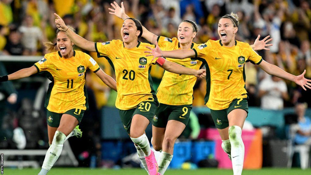 Mary Fowler, Sam Kerr, Caitlin Foord and Steph Catley all celebrate Australia's win over France