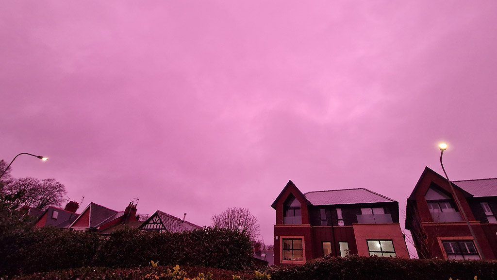 Pink sky over Cardiff