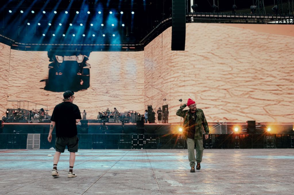 Gorillaz co-creators Damon Albarn (right) and Jamie Hewlett put the finishing touches to the band's first ever stadium show in Tottenham Hotspur Stadium.