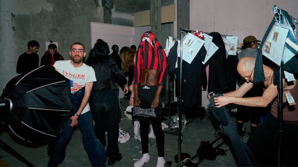 A model backstage at the Prototypes show during Paris Fashion Week