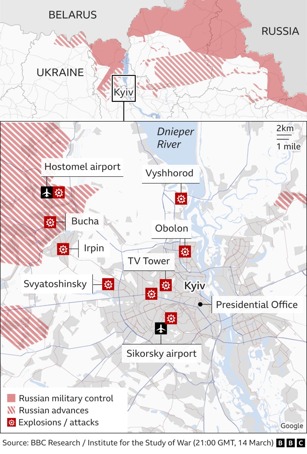 Map showing key locations in the capital Kyiv, areas of Russian advances and recent strikes. Updated 15 March