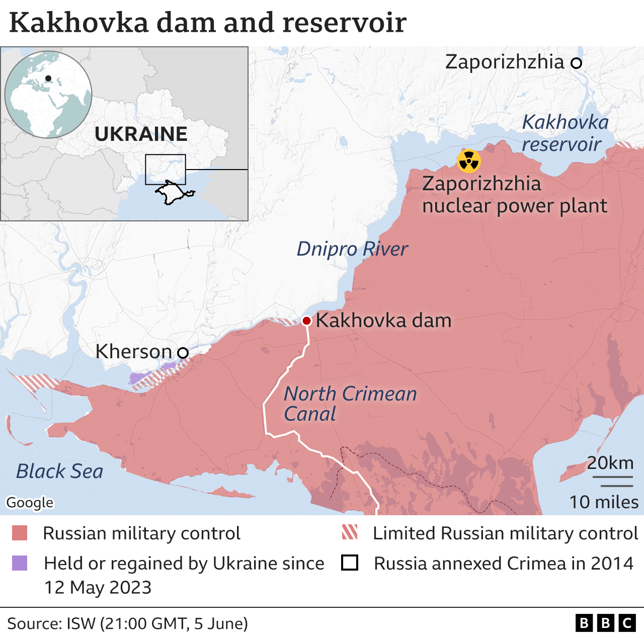 A map showing the Zaporizhzhia power plant and the Kakhova dam in Ukraine