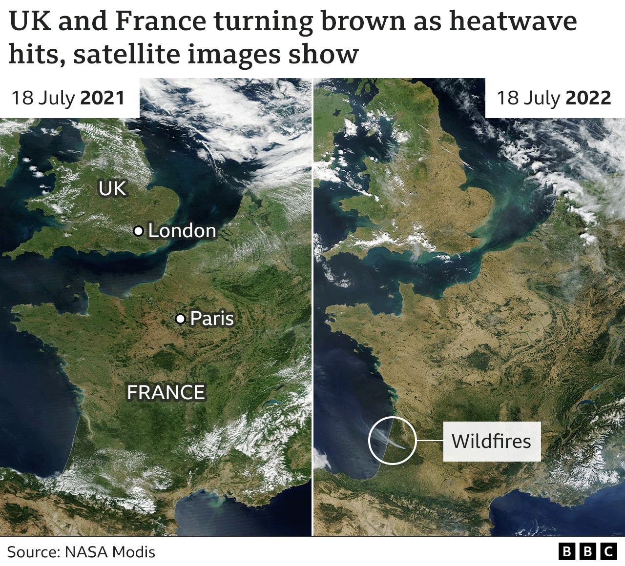 Карта, показывающая, как Франция и Великобритания становятся коричневыми от жары