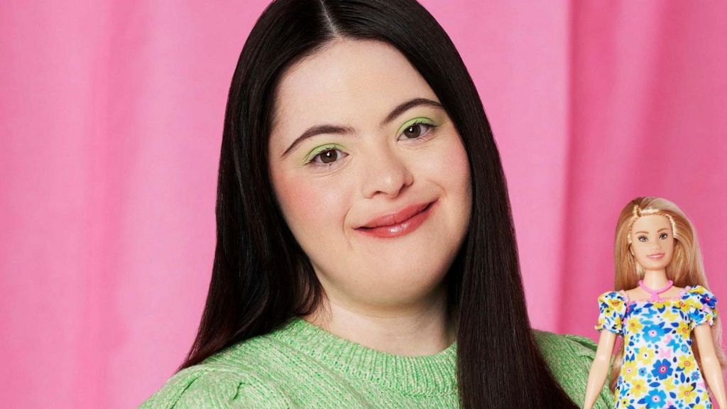 British model Ellie Goldstein poses with Barbie's first doll with Down's syndrome