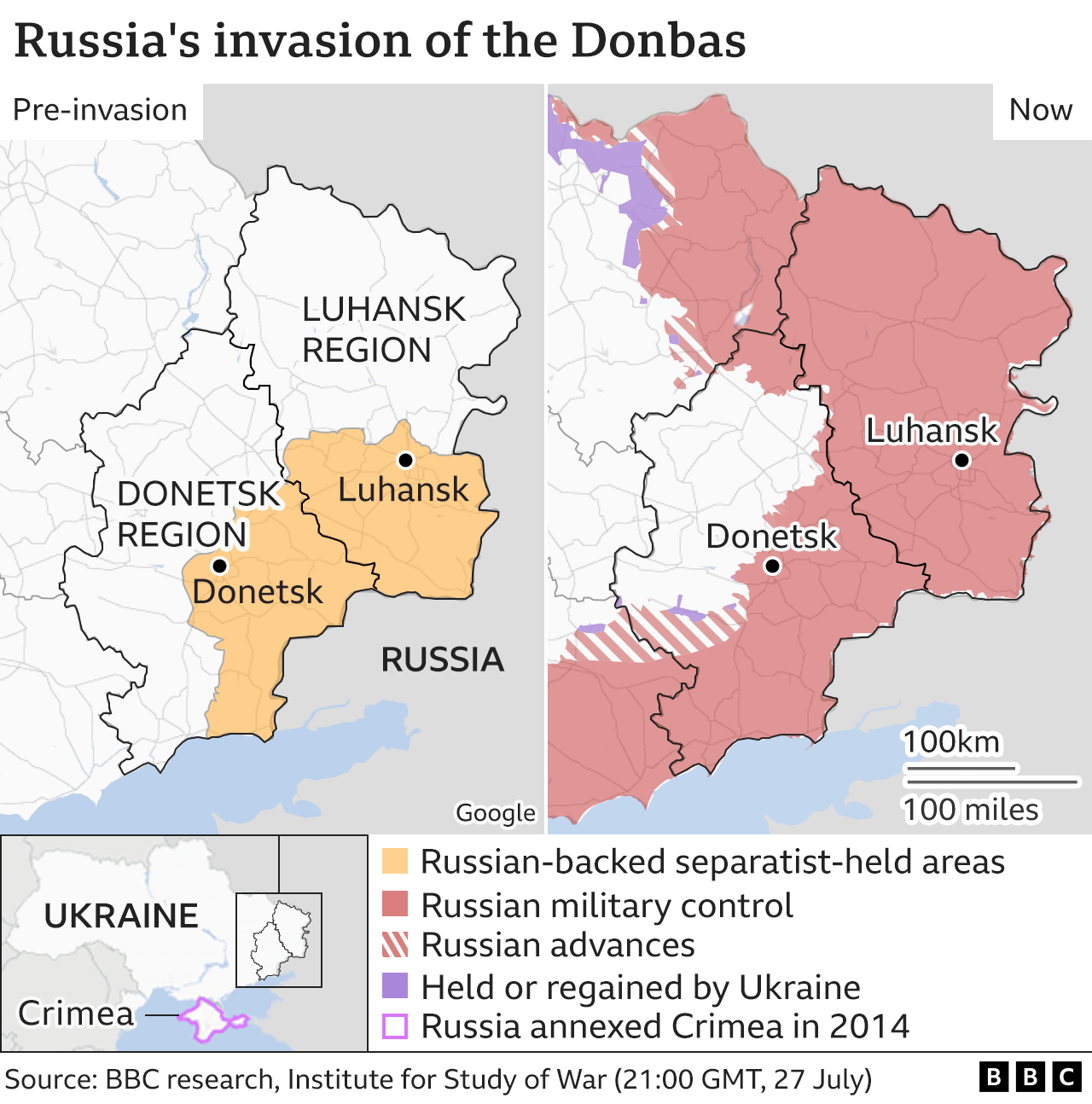 Map showing control of the Donbas region before and after the invasion