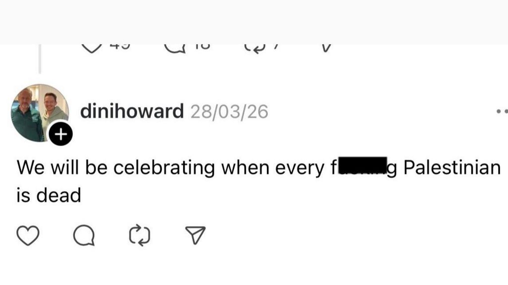 A social media comment saying "we will be celebrating when every (expletive) Palestinian is dead"
