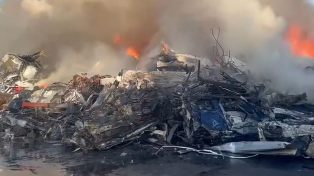 Still image from a video of the fire at the metal scrapyard