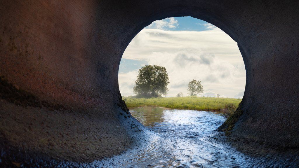Looking through a pipe where water flows into a stream