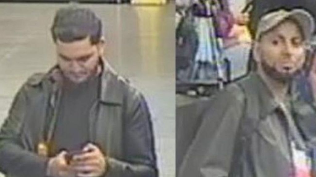 A composite of two images, both grainy CCTV images of young men