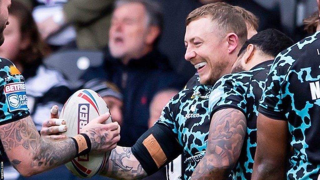 Leigh winger Josh Charnley celebrates one of his side's 26 tries in 2023