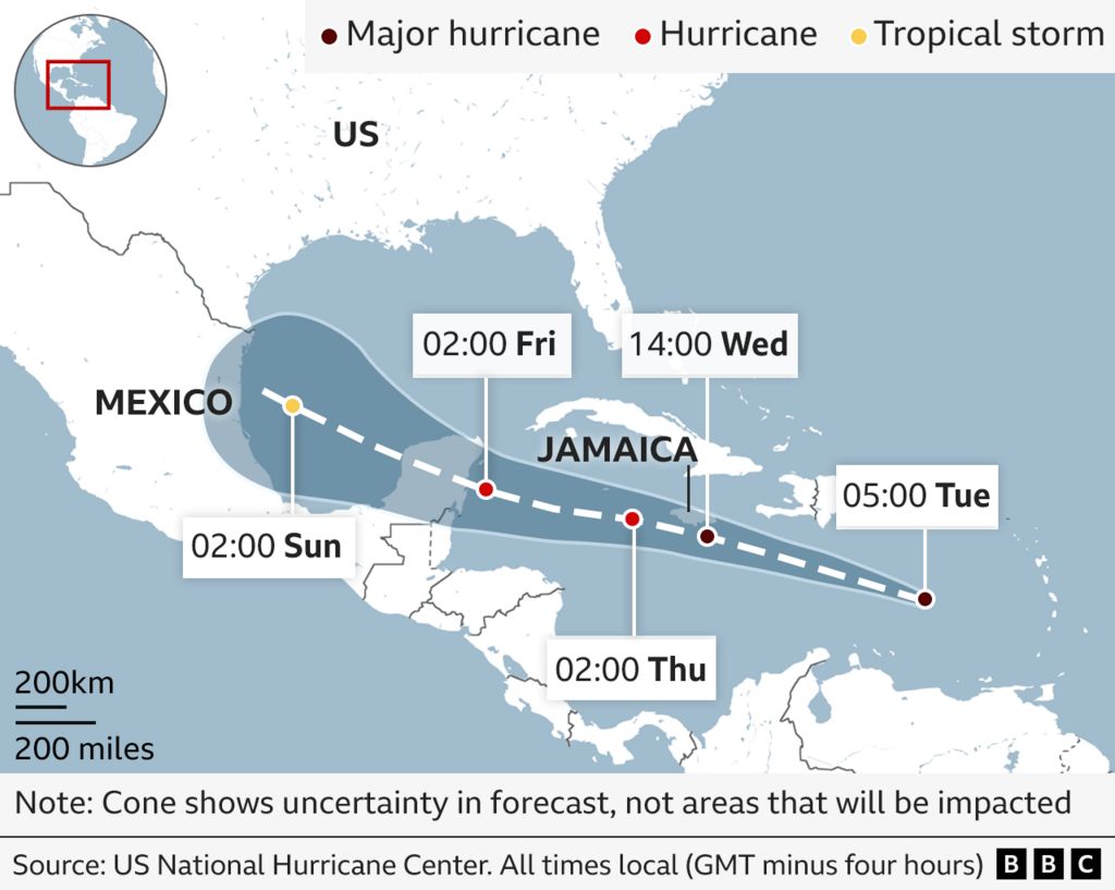 Graphic showing the predicted path of Hurricane Beryl