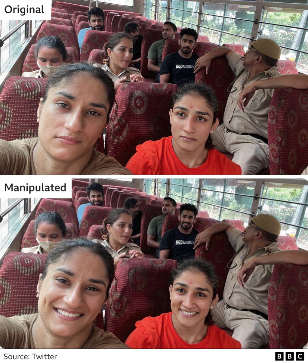 Indian wrestlers selfie on coach, comparing original and manipulated images