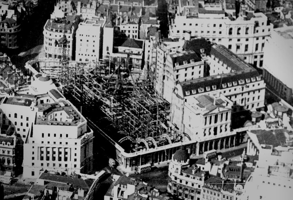 Aerial view of the Bank of England during rebuilding, 1930s