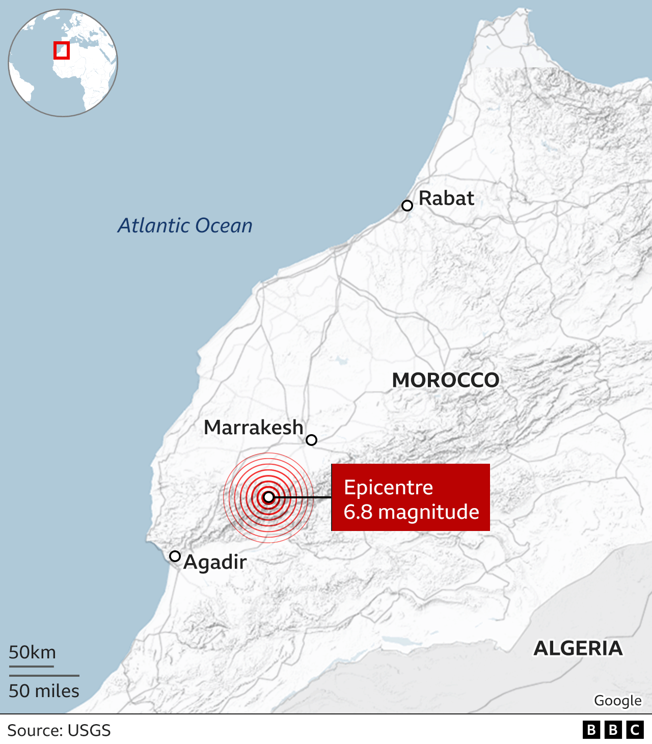 摩洛哥地图显示地震震中，位于马拉喀什和阿加迪尔之间的偏远地区