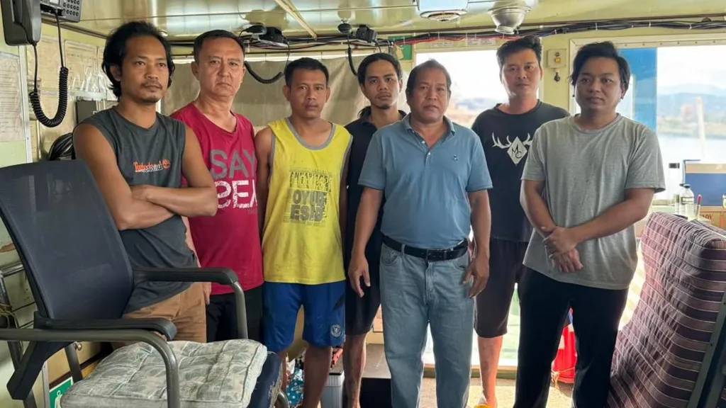The Burmese crew of the cargo ship Kokoo, which was abandoned last year. 