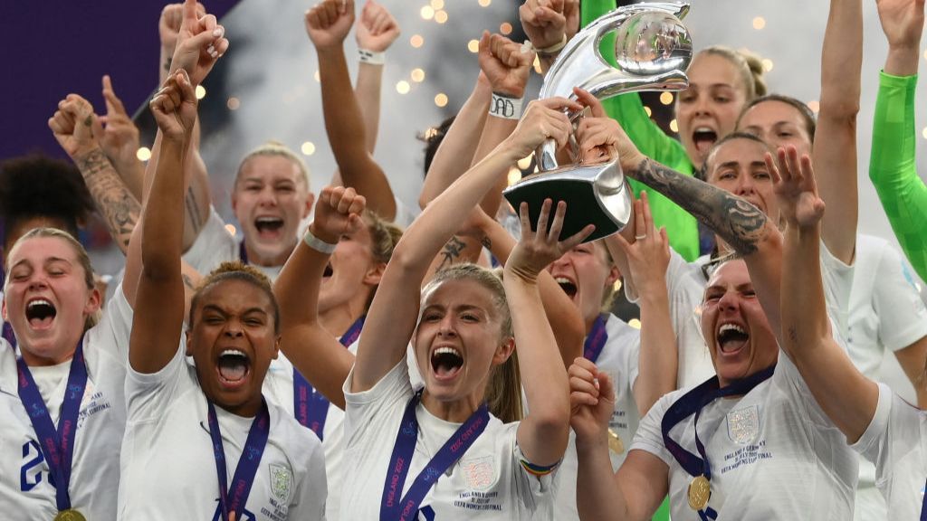 England lift the trophy after beating Germany to win Euro 2022 