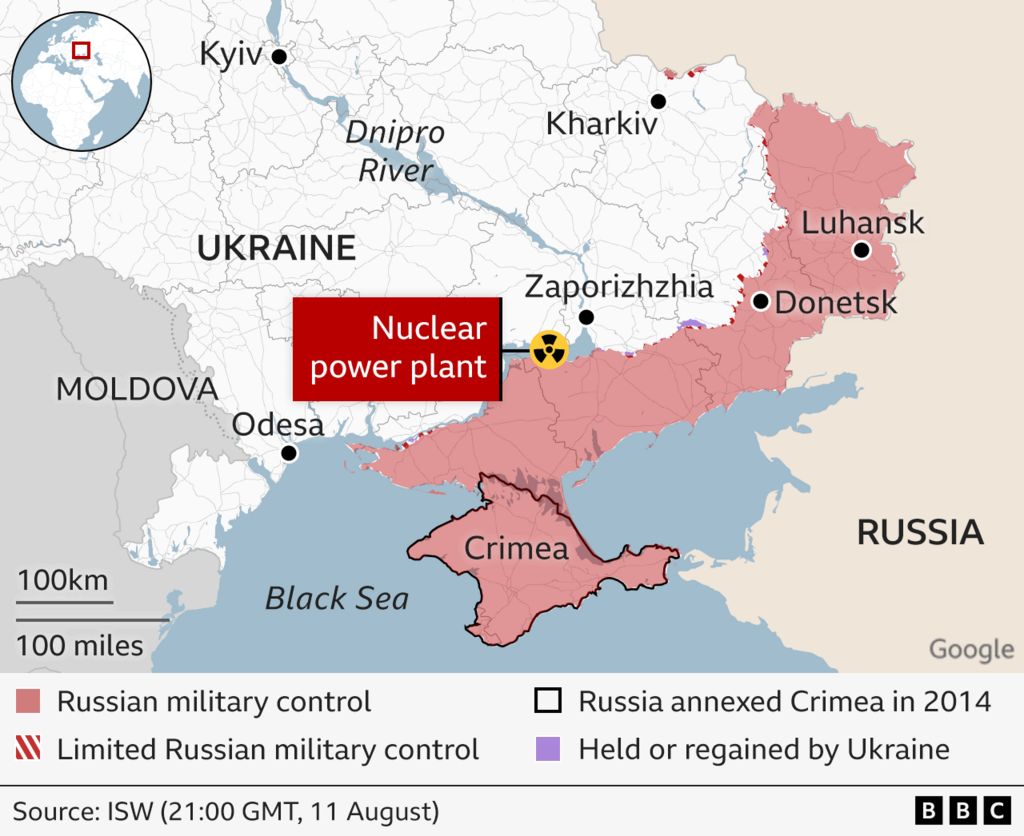 Map showing the location of the Zaporizhzhia nuclear power plant in territory controlled by Russian forces on the southern side of the Dnipro river.