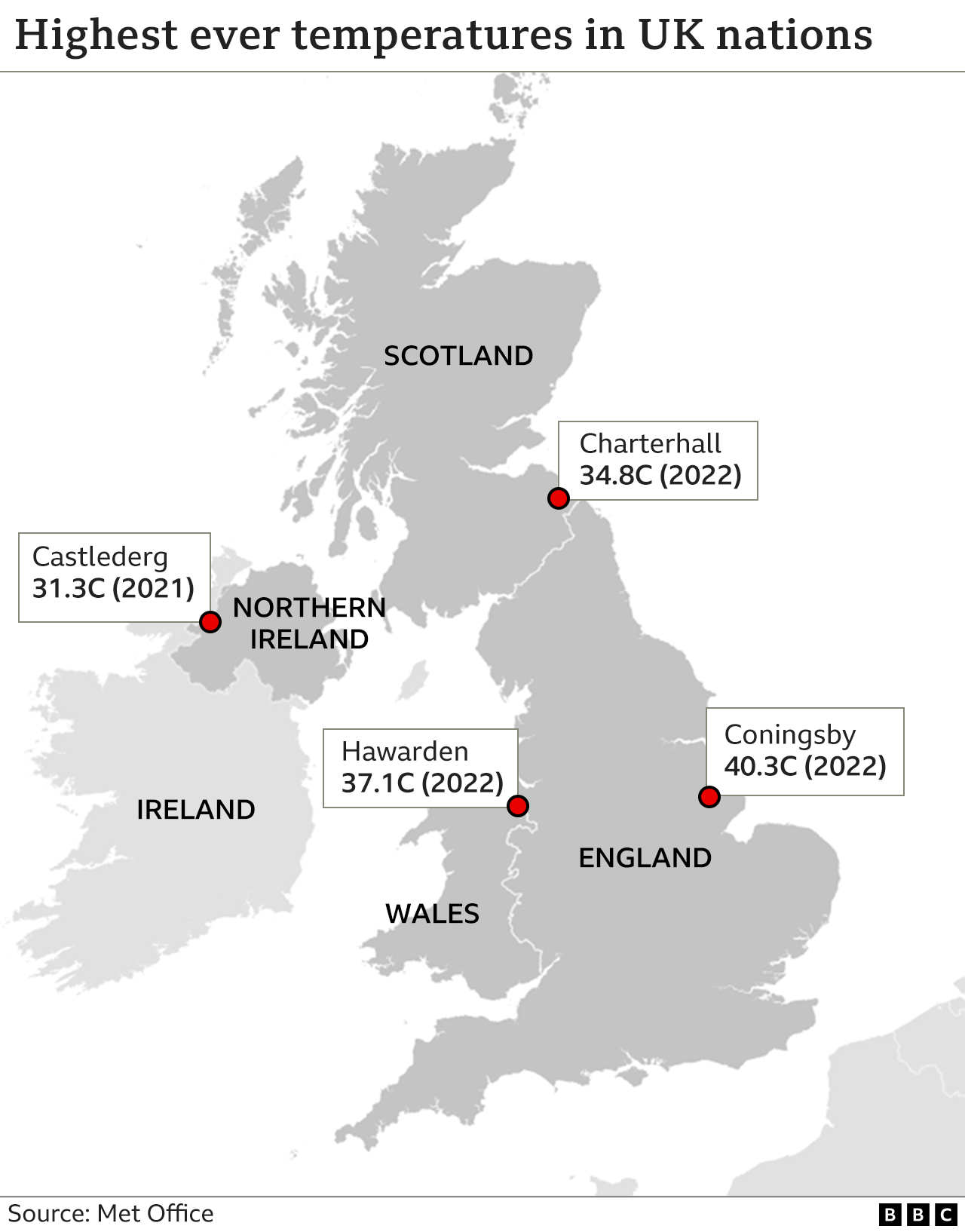 Map showing record temperatures in UK nations.