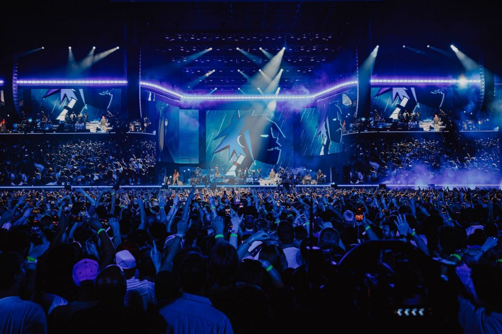 A wide shot of Gorillaz' stage setup