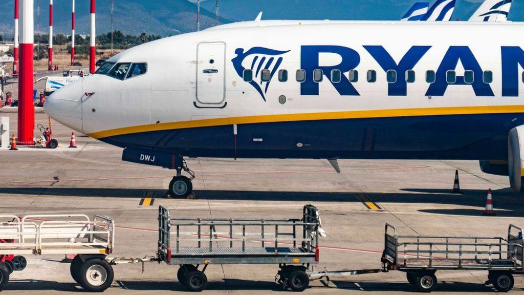 Ryanair plane on a runway in Greece.