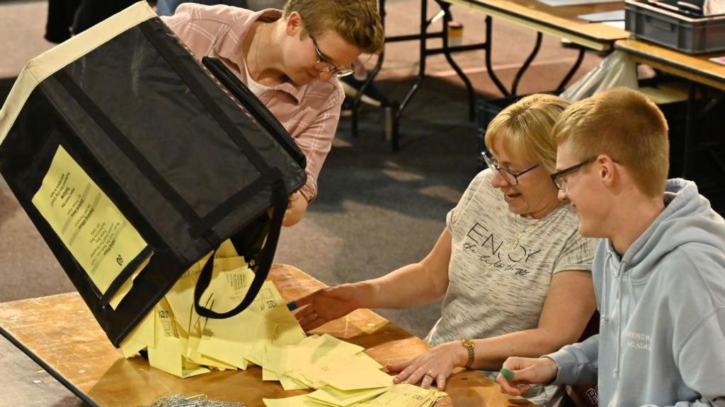 Ballot papers arrive to be counted after voters went to the polls in the UK local elections in Southend, England.