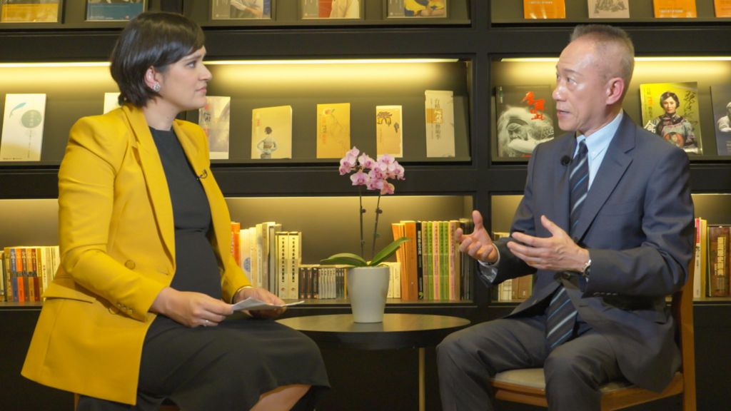 BBC correspondent Suranjana Tewari sitting with TSMC's Wendell Huang for interview