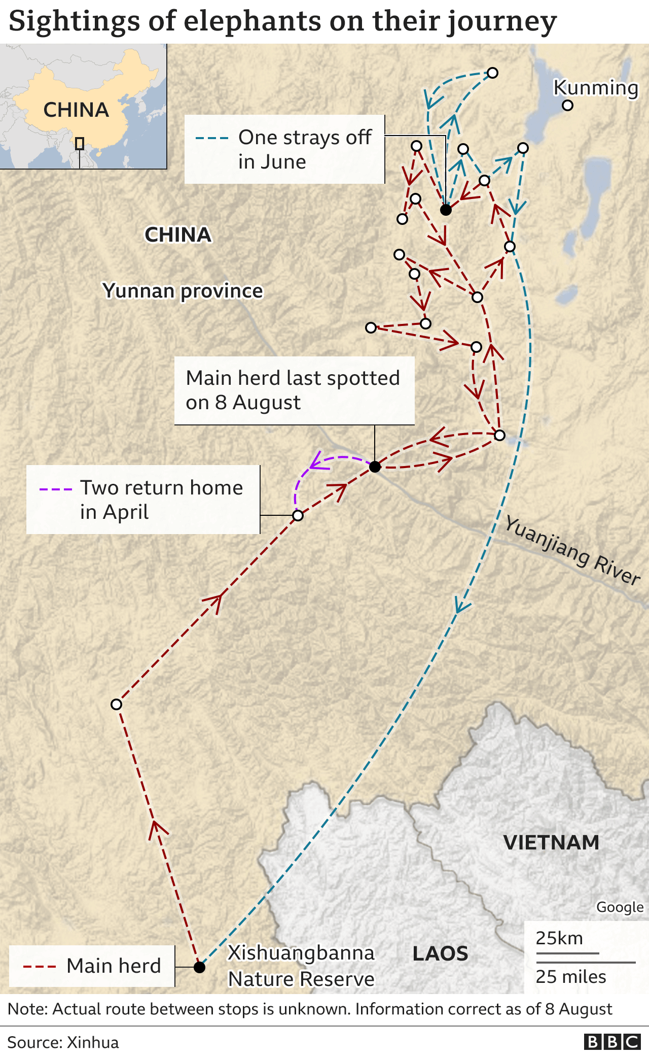 Map of China wandering elephants' route, as of 8 Aug 2021