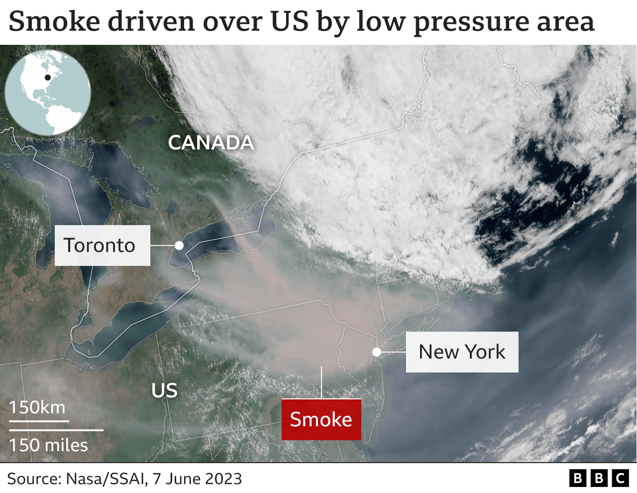 Mappa satellitare che mostra il fumo che copre New York il 7 giugno