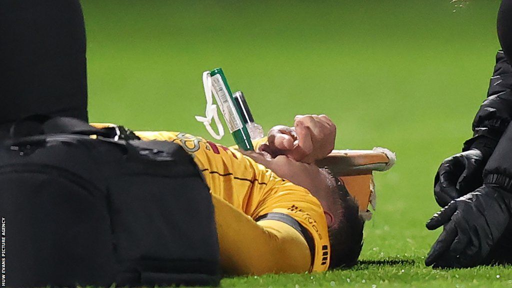 Newport defender Josh Seberry needed gas and air before being taken off on a stretcher in the loss at Notts County