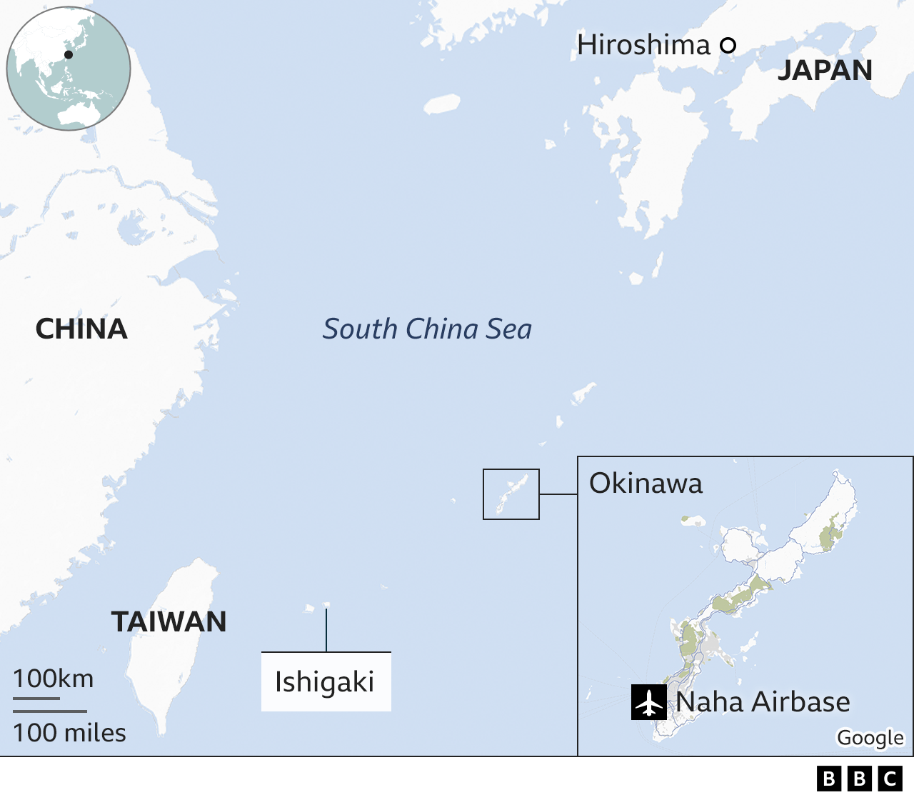 BBC map showing location of Okinawa and Ishigaki in Japan