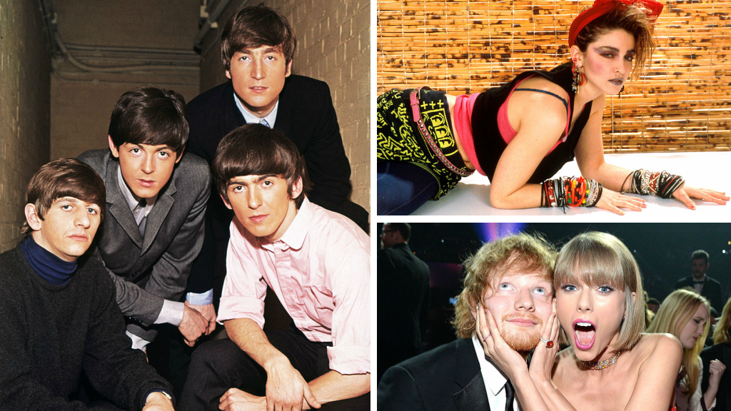 Montage shoting The Beatles, Madonna, Ed Sheeran and Taylor Swift